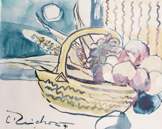 Obstkorb am Fenster; 1991; 38x47 cm; Tempera, Tinte Obstkorb am Fenster; 1991